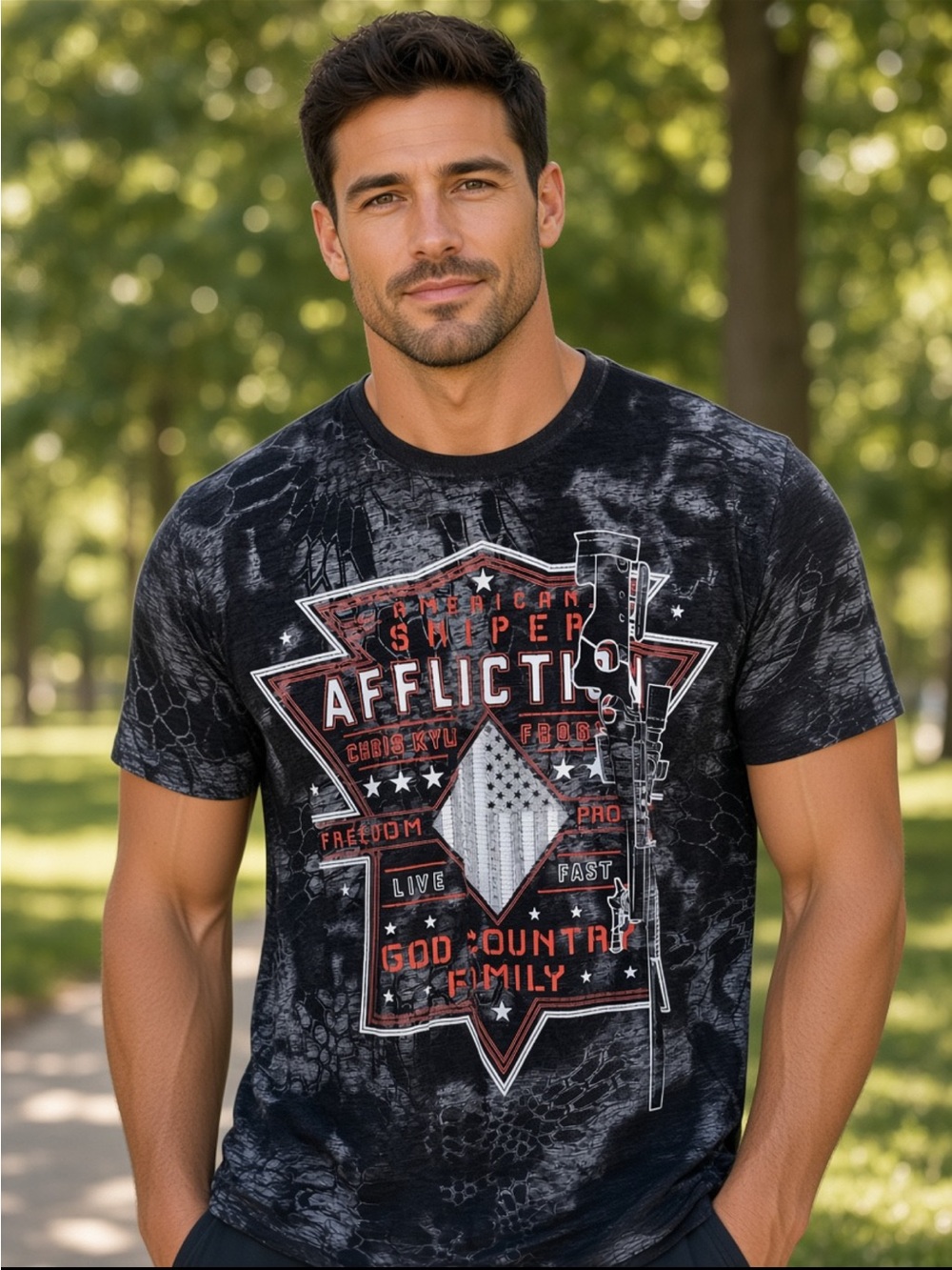 Affliction Black Graphic Tee with Red & White American Sniper Emblem